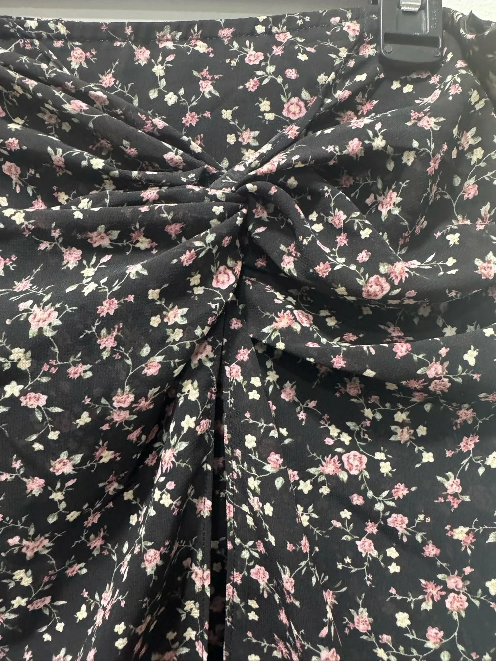 Blue Rain Black Mini Skirt with Pink Floral Print and Twist Detail
